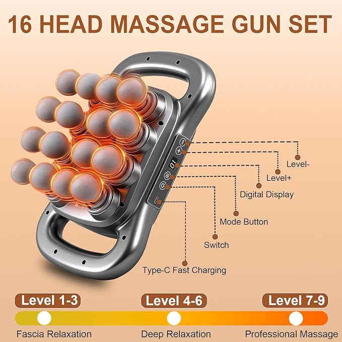 16 Head Massage Gun Deep Tissue Percussion Muscle Massager with 9 Modes &amp Levels Red Light Therapy Portable Massage Gun Set Quiet Back Massager for Shoulder Legs Waist Body Pain Relief (Gray)