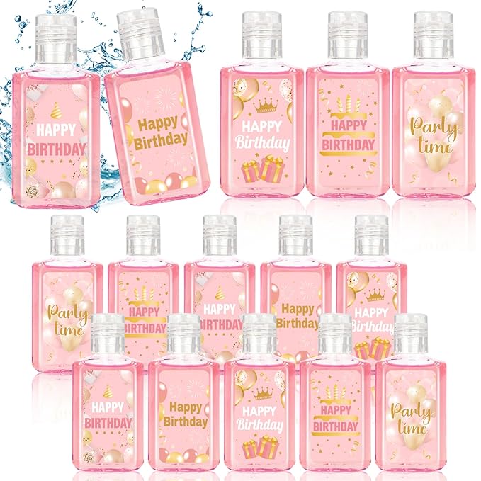 50 Pcs Happy Birthday Mini Hand Sanitizer Bulk Happy Birthday Gifts Party Favors 1fl Oz Hand Sanitizer Natural Plant Fragrance Travel Size Hand Soap Gift for Birthday Baby Shower (Pink Gold)