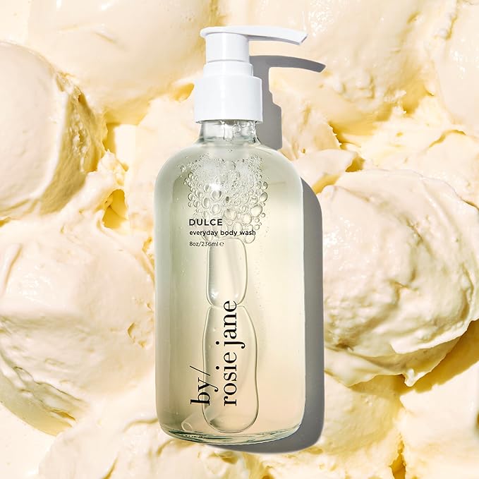 By Rosie Jane Body Wash (Dulce) - Hydrating Body Wash Made with Creamy Vanilla Brown Sugar &amp Warm Hinoki Wood - Supports Skin Elasticity &amp Builds Collagen - Vegan &amp Non-Toxic (8 Fl Oz)