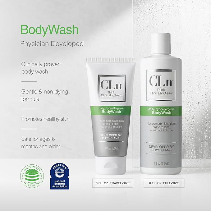 CLn® BodyWash –Non-Drying Body Wash Preserved with Sodium Hypochlorite For Compromised Skin Prone to Eczema Dermatitis Rash &amp Hidradenitis Suppurativa Fragrance-Free &amp Paraben-Free 3 fl o