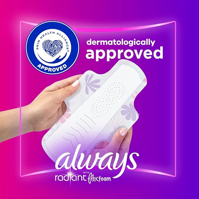 Always Radiant Feminine Pads for Women Flexfoam Pads with Wings Size 2 Heavy Absorbency Lightly Scented 78 Count (3 Packs of 26)