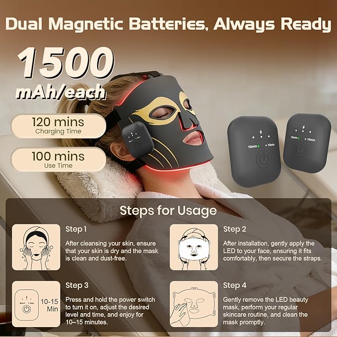 Red Light for Face Cordless Near-Infrared Lightweight Mask Rechargeable LED RedLight Mask with Timer for Home Use and Travel (Grey A)