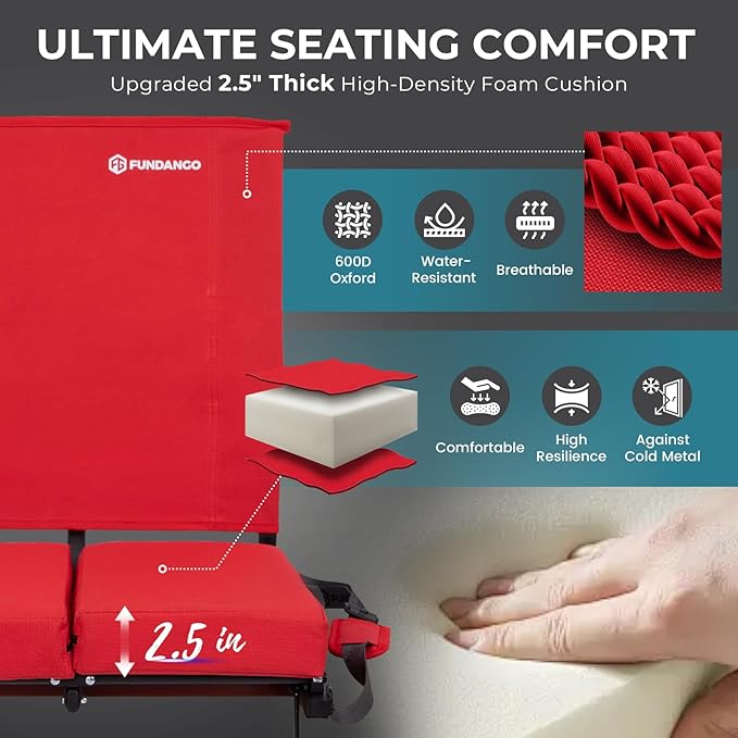 FUNDANGO Extra Wide Stadium Seats with Back Support for Adults Padded Bleacher Chairs with Back and Cushion Folding Bleacher Seats with Shoulder Strap for Football Baseball Sports