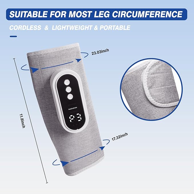 Air Compression Leg Massager Cordless Leg Compression Massager for Circulation with 3 Modes and Heat Easy to use Muscle Relaxation(Pair) (Grey)