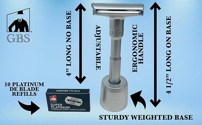 G.B.S Chrome Adjustable Men's Double Edge Safety Razor with Blades Stand and 10 G.B.S Platinum Blade Refills