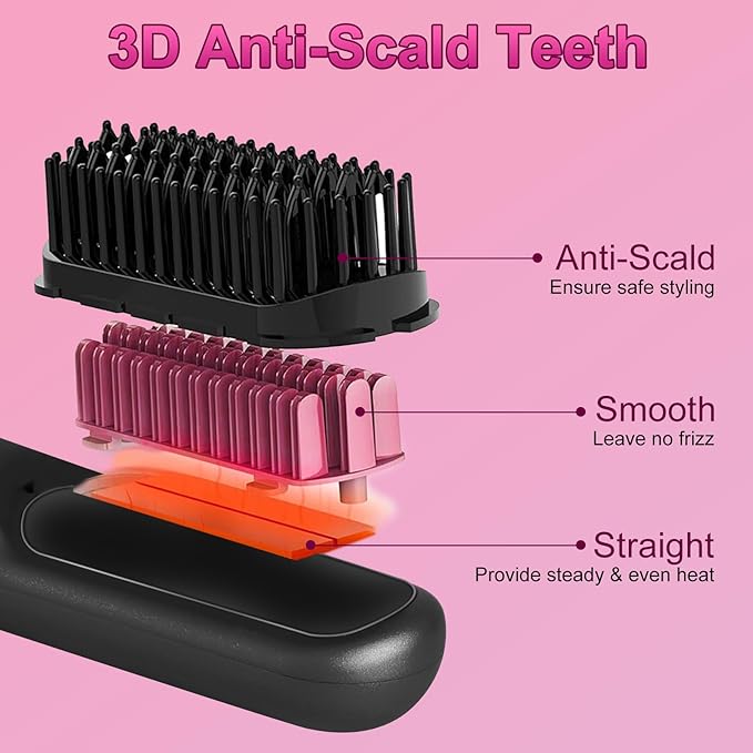 Cordless Hair Straightener Brush Mini Portable Rechargeable Straightening Brush Negative Ionic Hot Comb Straightener with 12 Temp Settings Auto-Off Led Display for Women (Black)