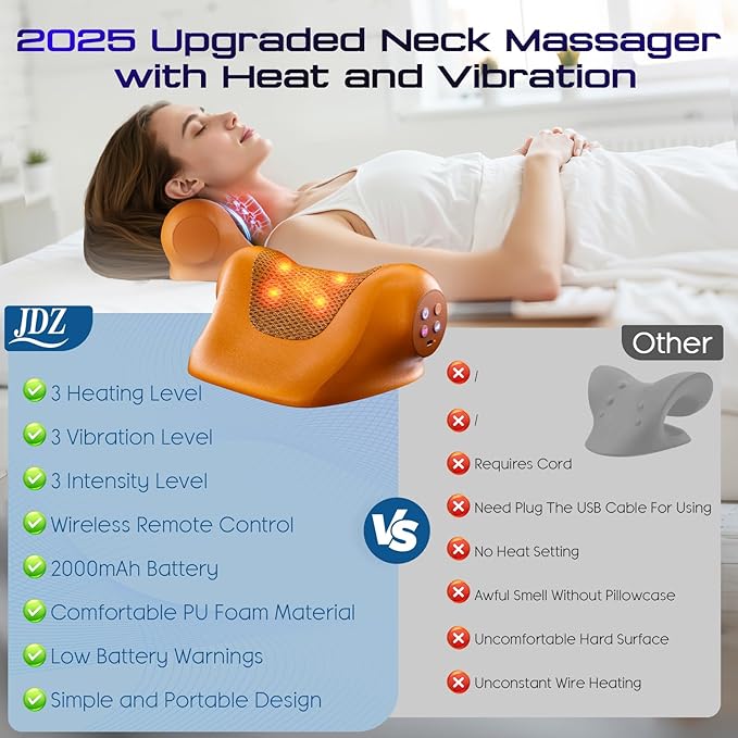 JDZ Neck Massager with Heat 3-in-1 Electric Cervical Massager for Pain Relief with Hot Compress Ergonomic Neck and Shoulder Relaxer Stretcher - ldeal Gift for Office Athletes Everyone etc. Brown
