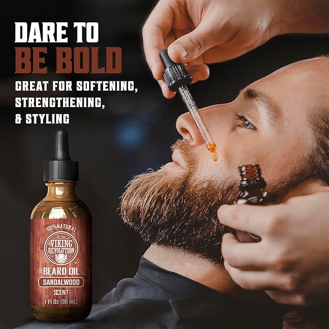 Viking Revolution Sandalwood Beard Wash and Beard Conditioner Kit for Men (17 Fl Oz each) and Sandalwood Beard Oil (1 Fl Oz) - Beard Softener Strengthener and Moisturizer with Argan and Jojoba Oils
