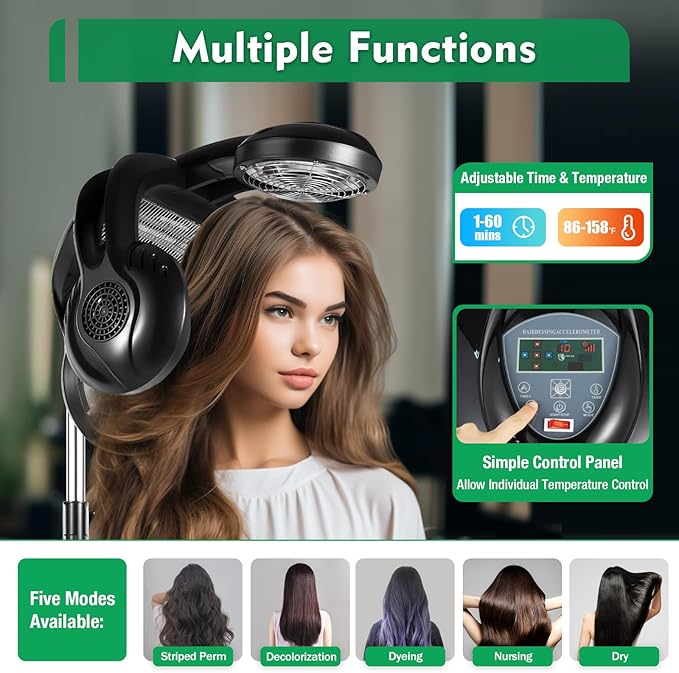 Professional Salon Hair Dryer1400W 110V Hair Steamer Hair Color Processor Dryer Accelerator with Smooth Wheels Standing Hair Hood Dryer for Salon SPA Home Hair Care