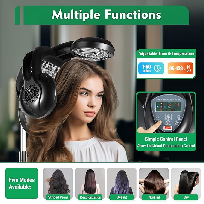 Professional Standing Hair Dryer - Multifunctional Salon Accelerator with 5 Heat Heads Temperature Control Adjustable Heights &amp Black Color