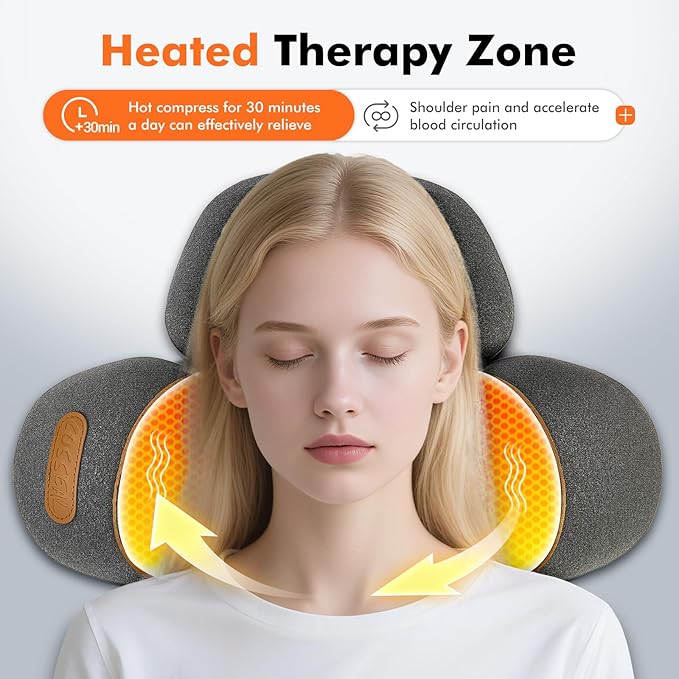 3-in-1 Heated Neck Massager Pillow for Pain Relief Deep Tissue Massage with Heat Vibration &amp Airbag Traction Portable Ergonomic Design Gift for Women/Men
