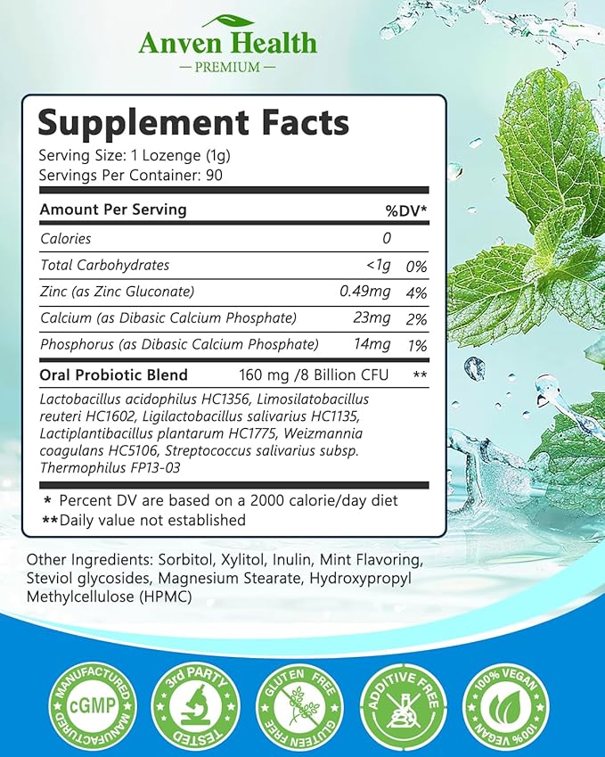 Oral Probiotics Lozenges for Mouth Bad Breath &amp Gum Repair - Mineral Fusion with Zinc + Calcium for Dry Mouth Relief Enamel Shield Mint Flavor with Xylitol - 180 Lozenges Sugar-Free