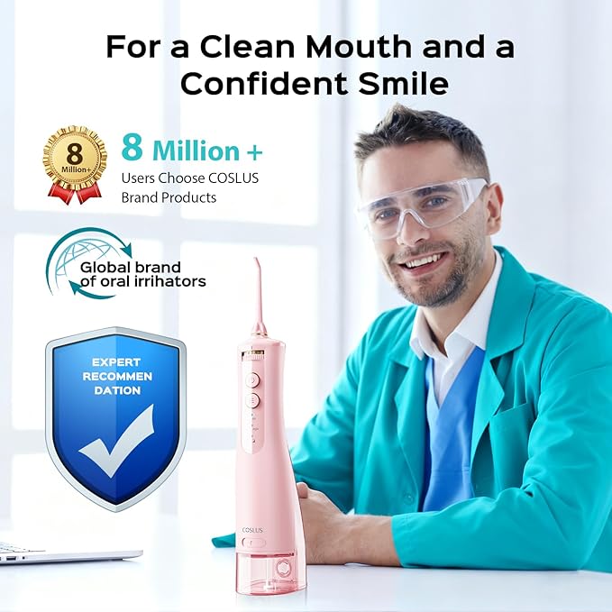 COSLUS E40 Portable Water Flosser for Teeth: 10 Pressure Settings Professional Water Dental Pick for Orthodontic Braces &amp Sensitive Gums - Cordless for Travel Use for Adults Teens BPA-Free