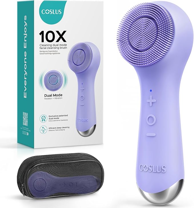 COSLUS FBS03 Face Scrubber Facial Cleansing Brush: 2 in 1 Spin and Vibration Patented Silicone Electric Exfoliator Scrubber with Automatic Foaming Waterproof Face Cleanser Brush for Men and Women