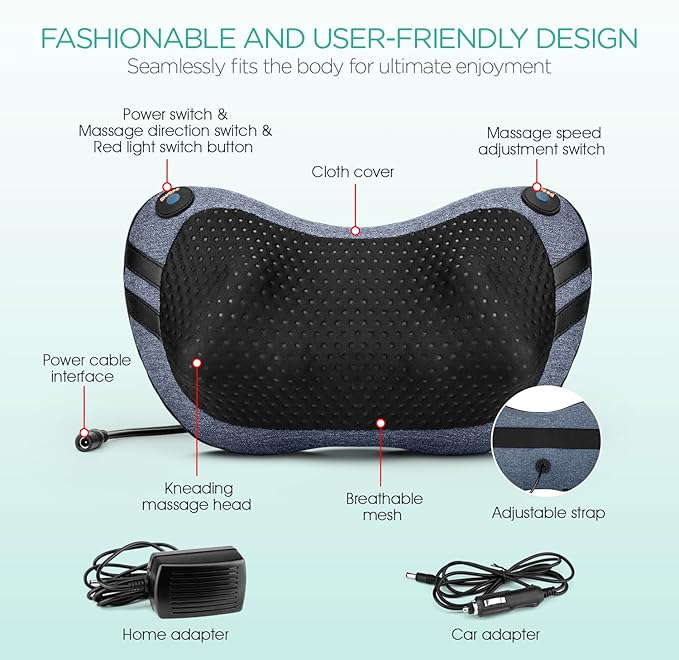 VOYOR-HEALTH Shiatsu Neck and Back Massager with Heat - 3D Kneading Deep Tissue Massage Pillow for Lower Back Shoulder Calf Foot Use at Home Car Office (Pale Blue)
