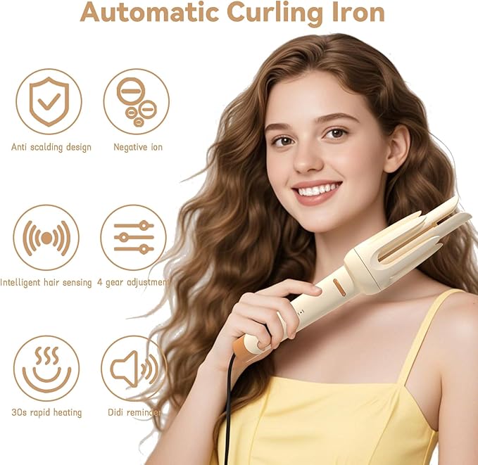 Automatic Curling Iron 1.25Inch Wave Curling Iron Fast Heating Hair Curling Wand with 3 Temp &amp LED Display 60Min Auto Shut-Off Anti-Scald Anti-Tangle Rotating Curling Irons for Hairstyle (Yell