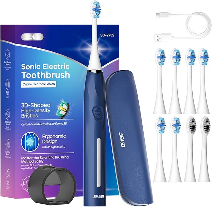 SEAGO Electric Toothbrush with 8 Soft Bristle Heads for Adults Pressure Sensor 5 Modes with 2 Minutes Build in Smart Timer Rechargeable Travel Toothbrush with Brush Hold and Travel Case(2752Blue)