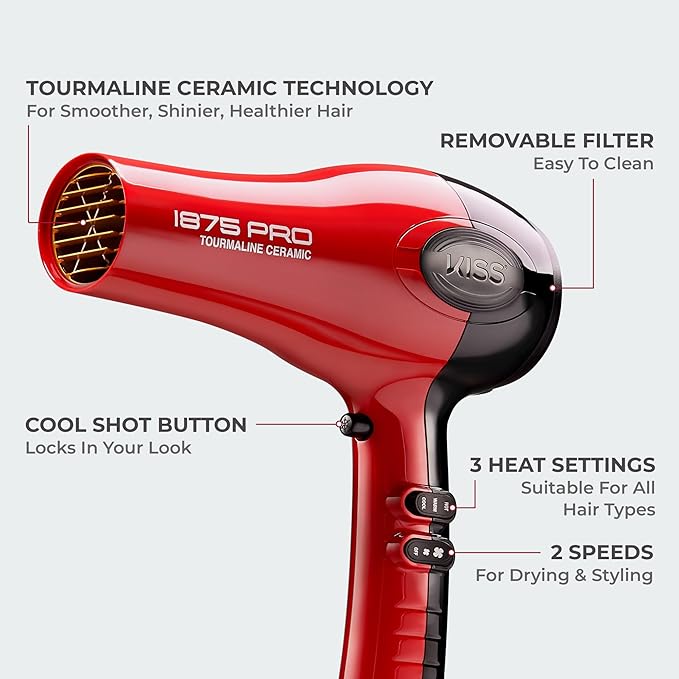 KISS 1875 Watt Pro Tourmaline Ceramic Hair Dryer Styling Edition 3 Heat Settings 2 Speed Settings Cool Shot Button 7 Blow Dryer Accessories Included 2-Year Warranty - Red