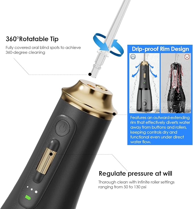 300ML Long-Lasting Battery Life Water Flosser Adjustable Pressure Oral Irrigator Flosser with 4 Interchangeable Nozzle Tips for Implants/Braces/Receding Gums (Black&ampGold)