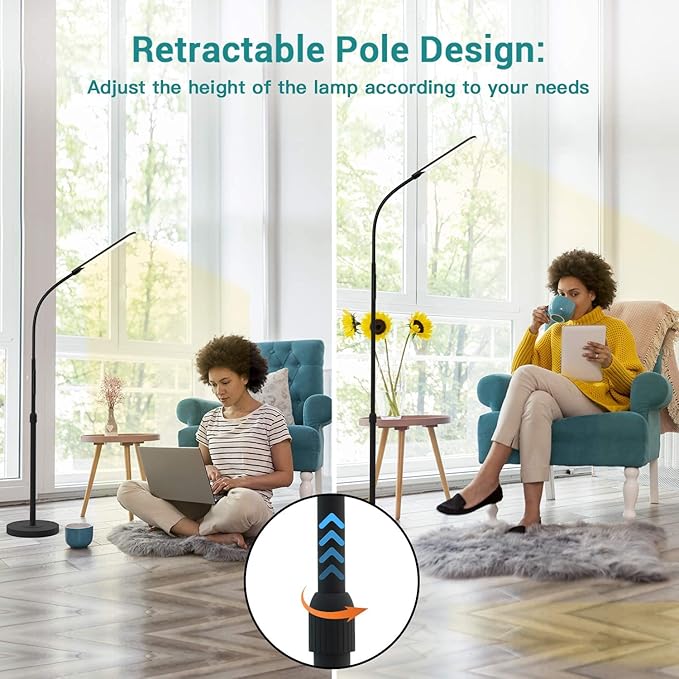 NXONE Led Floor LampModern Reading Adjustable Standing Height 4 Colors and Stepless Brightness Work Lamp for Living Room Bedroom Reading Black