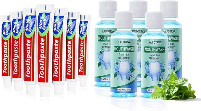 Mini Mouthwash and Travel Size Toothpaste BulkBlue 35ml/1.2 fl oz Mint Flavor Mouthwash and 0.35oz Small Toothpaste for TravelOfficeToiletry Kits