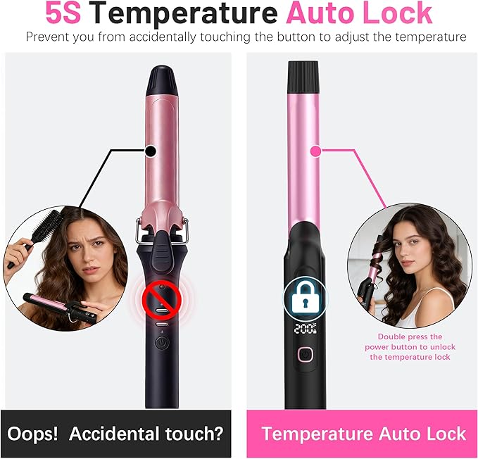 Travel Curling Iron 1 InchSmall Curling Iron for Short HairDual Voltage Curling Iron 110-240V with European PlugCurling Iron with Clamp &amp Ceramic Barrel5 Temp Digital DisplayAuto OffTemp Loc