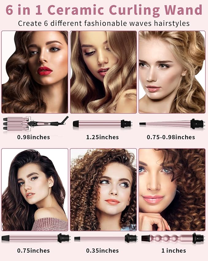 6 in 1 Curling Iron Curling Wand Set with 3 Barrel Hair Crimper and 5 Interchangeable Ceramic Hair Curler (0.35-1.25”) Instant Heat Up 2 Temp Wand Curler Include Heat Protective Glove &amp 2 Clip