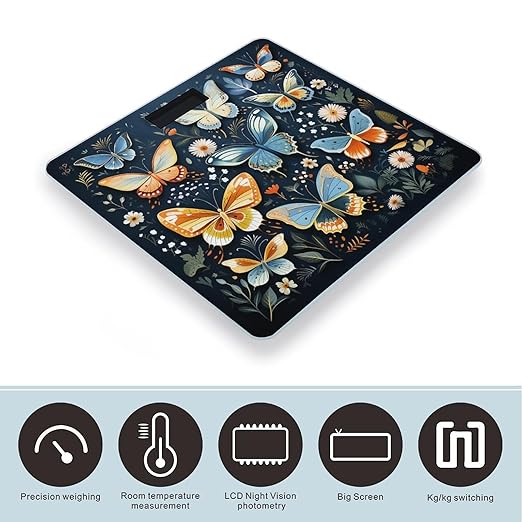Many Colorful Butterflies Scale for Body Weight Highly Accurate Digital Bathroom Scale Sturdy Tempered Glass Weighing Scales with LCD Display Fashion Body Fat Smart Scales 400lb