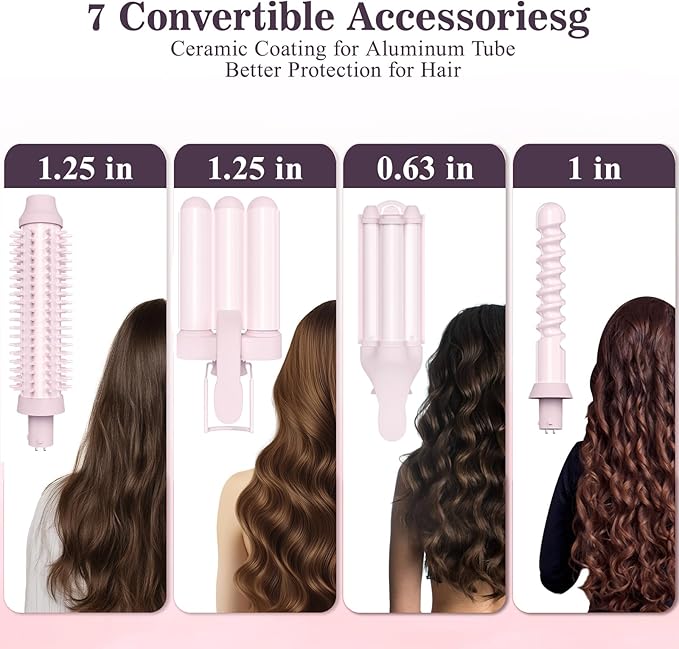 Curling Iron Set 7-in-1 Curling Wand Set with 7 Interchangeable Barrels Included A Heated Round Brush 3 Hair Crimper Ceramic Coating Protect Hair with Gift Package (0.6-1.25) Pink