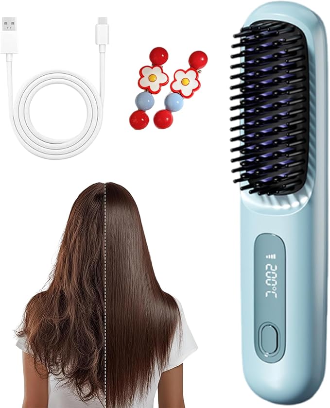 Cordless Portable Hair Straightener Brush Mini Hair Straightener Brush with LCD Temper Ature Display 3 Adjustable Temperatures Rechargeable Heating for Home Travel and Morning Rush (Blue)