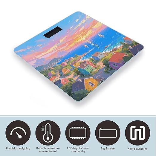 Seaside Town Weight Scale Cute Bathroom Scale for Body Highly Accurate Digital Weighing Machine for People Compact LCD Display Scales with Sturdy Toughened Glass Scales