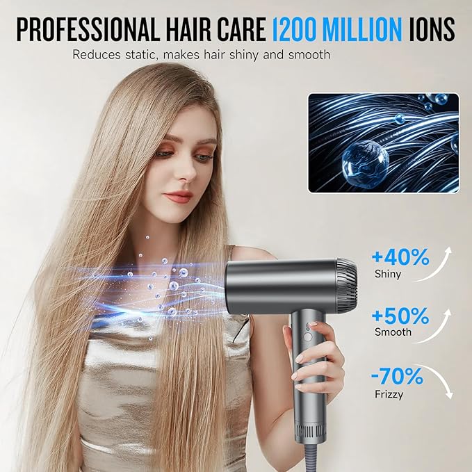2026 Hair Dryer 200000 RPM Professional High Speed Blow Dryer with Diffuser for Women 1200M Negative Ionic Hair Dryer with Brushless Motor Low Noise Hair Blow Dryer for Home Travel SalonGray