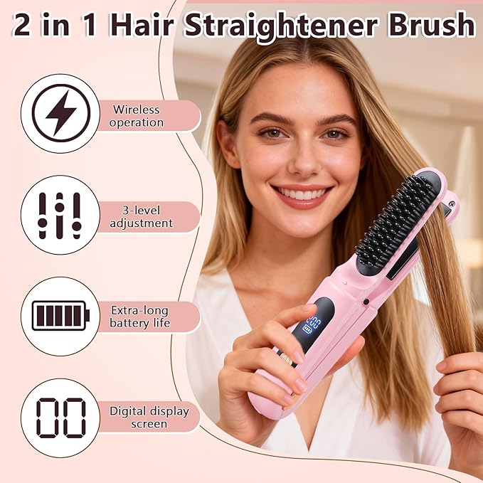 Cordless Hair Straightener Brush Portable Travel Hair Straightener 2 in 1 Cordless Mini Rechargeable Flat Iron &amp Hair Straightener Brush with Dust Cover Digital Display (Pink)