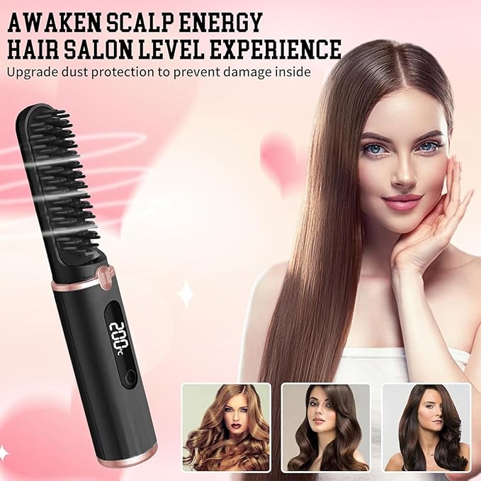 Cordless Hair Straightener Brush USB Rechargeable Portable Travel Hair Straightener with LED Display Screen 3-Speed Temperature Adjustable and Fast Heating Function for Travel Home