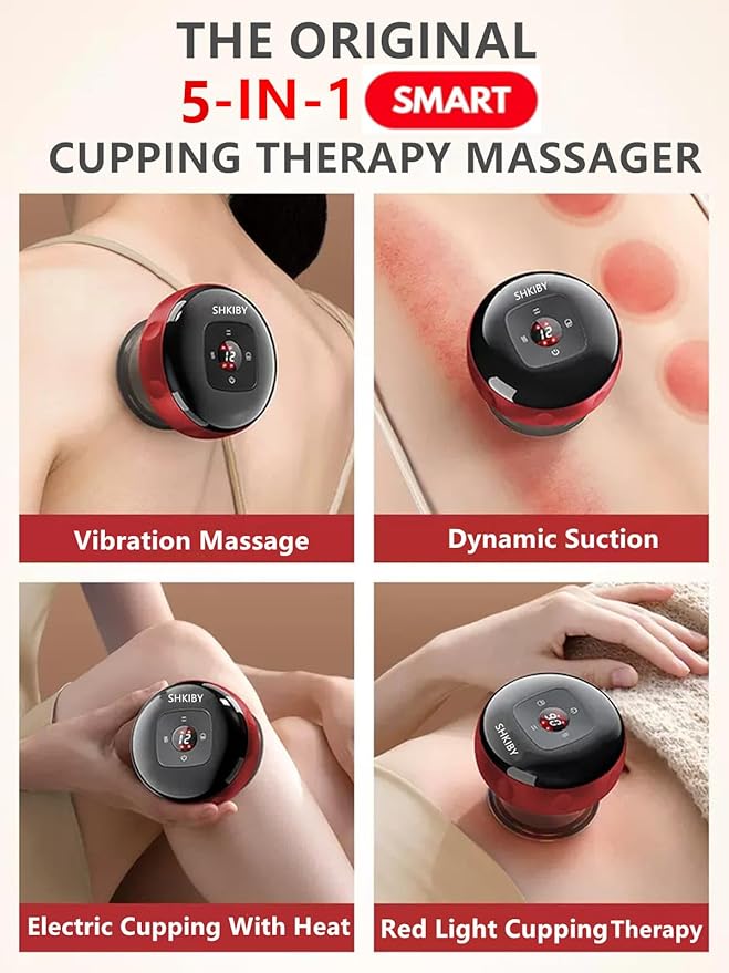 The Original 5-in-1 Smart Cupping Therapy Massager Red Light Therapy for Targeted Pain Relief Knots Aches Muscle Soreness Circulation Portable Electric Massager Cupping Kit-Dark Black