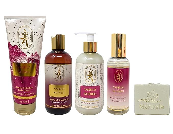 Bath &amp Body Works Aromatherapy Vanilla Nutmeg - Ultimate Hydration Body Cream Body Wash + Foam Bath Mosturizing Body Lotion and Essential Oil Perfume Mist with a Natural Oats Soap