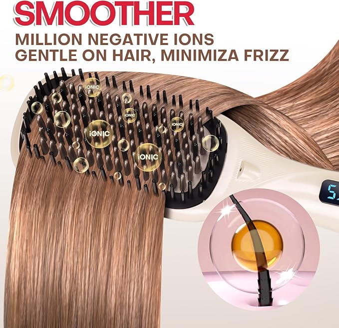 Hair Straightener Brush- Hair straighteners for Women Ceramic Ionic Straightener Comb with Less Frizz | 20s Fast Heating | 2 in 1 Flat Iron Brush Dual Voltage Travel Champagne