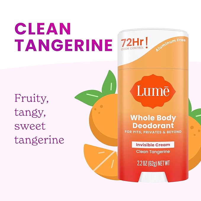 Lume Whole Body Deodorant - Invisible Cream Stick - 72 Hour Odor Control - Doctor Developed - Aluminum Free Baking Soda Free and Skin Loving - 2.2 Ounce (2 pack) (Soft Powder &amp Clean Tangerine)