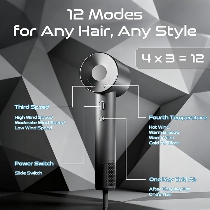 ELOVA High-Speed Hair Dryer 110000 RPM Brushless Motor for Fast Drying Gunmetal Gray Ionic Blow Dryer with Constant Thermo-Control Professional Quiet Hairdryer with Magnetic Nozzle for Home