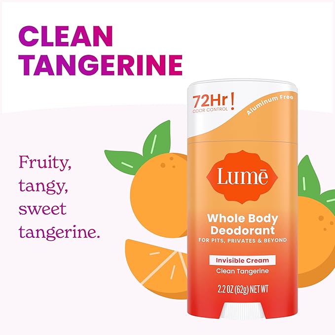 Lume Whole Body Deodorant - Smooth Solid Stick - 72 Hour Odor Control - Aluminum Free Baking Soda Free and Skin Safe - 2.6 Ounce (Pack of 2) (Clean Tangerine)