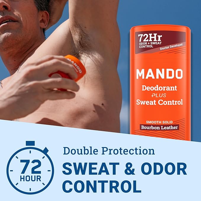Mando Antiperspirant Deodorant Sweat and Odor Control for Men – Extra Strength Smooth Solid Stick – 72 Hour Performance – Baking Soda Free Skin Safe – 2.6 oz – Bourbon Leather – Pack of 2