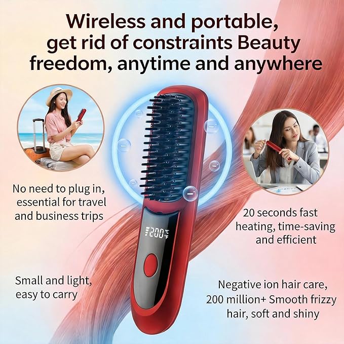Go Brush Pro 2026 Upgraded Second-Generation 6400mAh Portable Cordless Straightening Comb with LCD Display Fast Heating Cordless 3-Level Temperature Settings USB Rechargeable Fast Heating