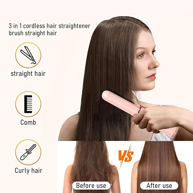 Cordless Hair Straightener Brush USB Rechargeable Portable Travel Hair Straightener with LED Display Screen 3-Speed Temperature Adjustable and Fast Heating Function for Travel Home