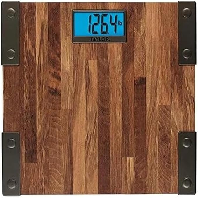 Taylor Digital Scales for Body Weight Extra High Accurate 440 LB Capacity Unique Blue LCD Farmhouse Look Auto On and OffScale 12.4 x 12.4 Inches Brown
