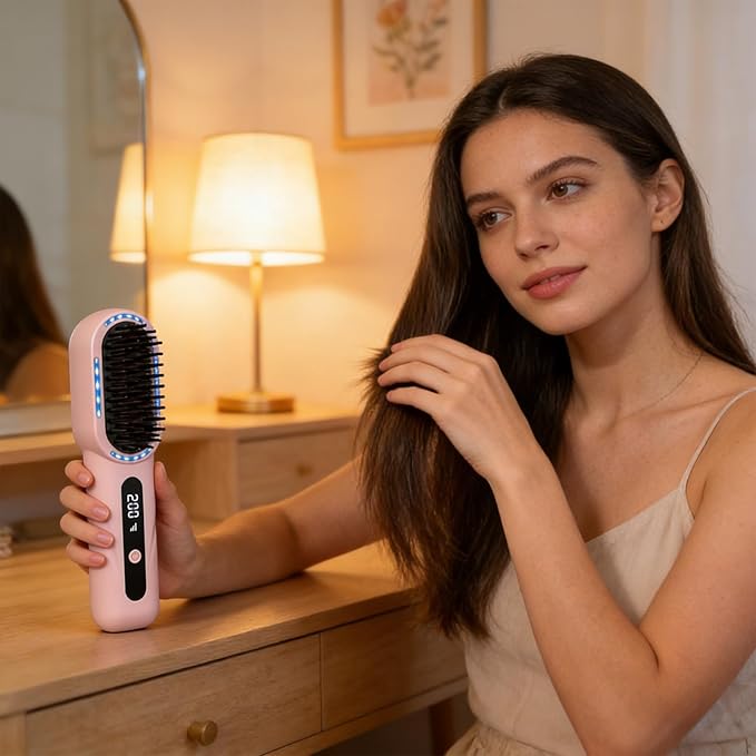 Hair Straightener Brush Portable Cordless Hair Styling Comb with LED Display for Home and Travel (02)