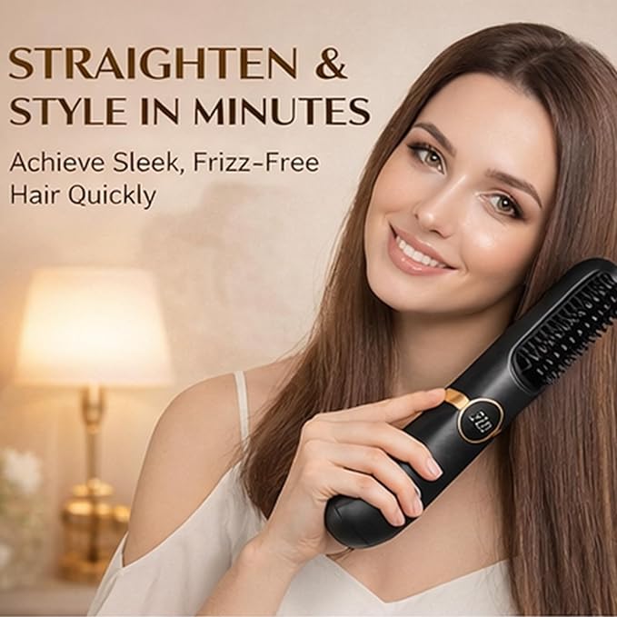 Cordless Portable Hair Straightener Brush Rechargeable Heated Styling Comb with 3 Heat Settings &amp LED Display Adjustable Cordless Hair Brush for Travel Office Gym &amp Daily Touch-Ups (Black)