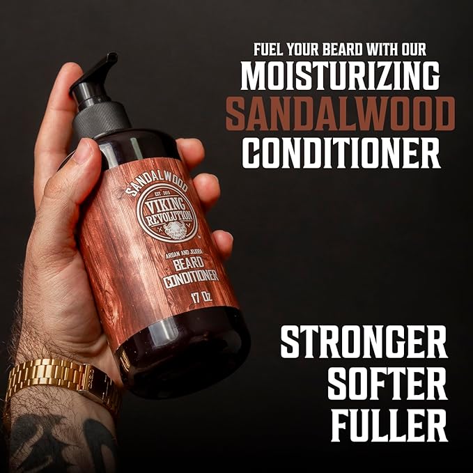Viking Revolution Sandalwood Beard Wash and Beard Conditioner Kit for Men (17 Fl Oz each) and Sandalwood Beard Oil (1 Fl Oz) - Beard Softener Strengthener and Moisturizer with Argan and Jojoba Oils
