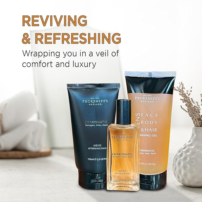 Pecksniff's Fragrance Gift Sets Luxurious Handcrafted in England (Men's Charismatic Trio: Eau de Toilette Aftershave Balm Cleansing Gel Set)