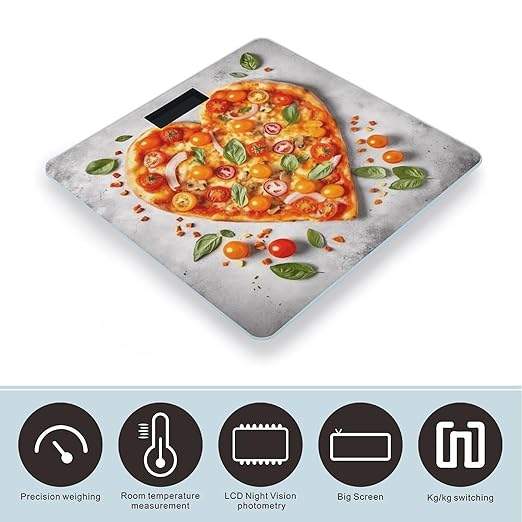 Tomato Heart Shaped Pizza Scale for Body Weight Anti-Slip Tempered Glass Digital Bathroom Scales Clear LCD Display Weighing Scale Safe Rounded Corners Smart Scales
