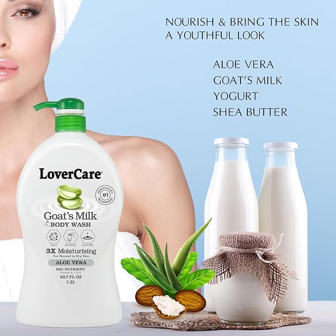 LoverCare Goat's Milk Moisturizing Body Wash Shower Cream Shower Gel Aloe Vera 40.7 Fl.Oz